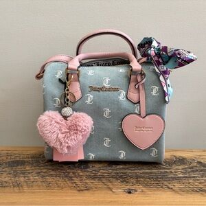 NWT Juicy Couture Gothic Denim & White Fame Satchel + FREE Keychain and Scarf